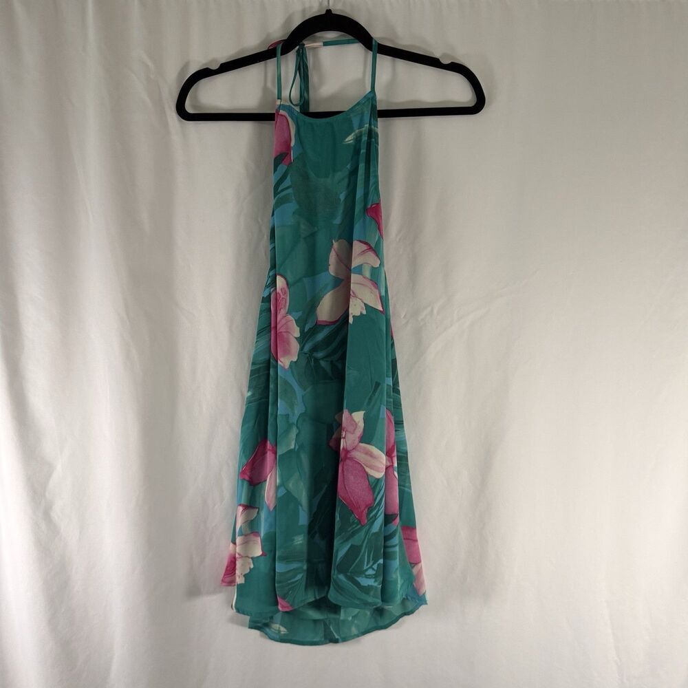 Show Me Your MUMU Mini Dress Women's Medium Green Pink Floral Sleeveless Tie Nec